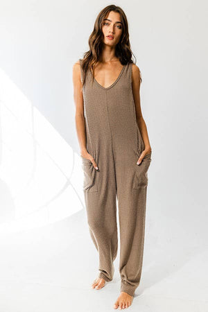 Mocha Tank Textured Knit Jumpsuit With Pockets