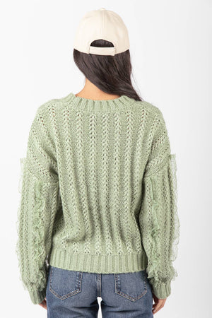 Sage Lace Trim Oversized Knit Sweater Top