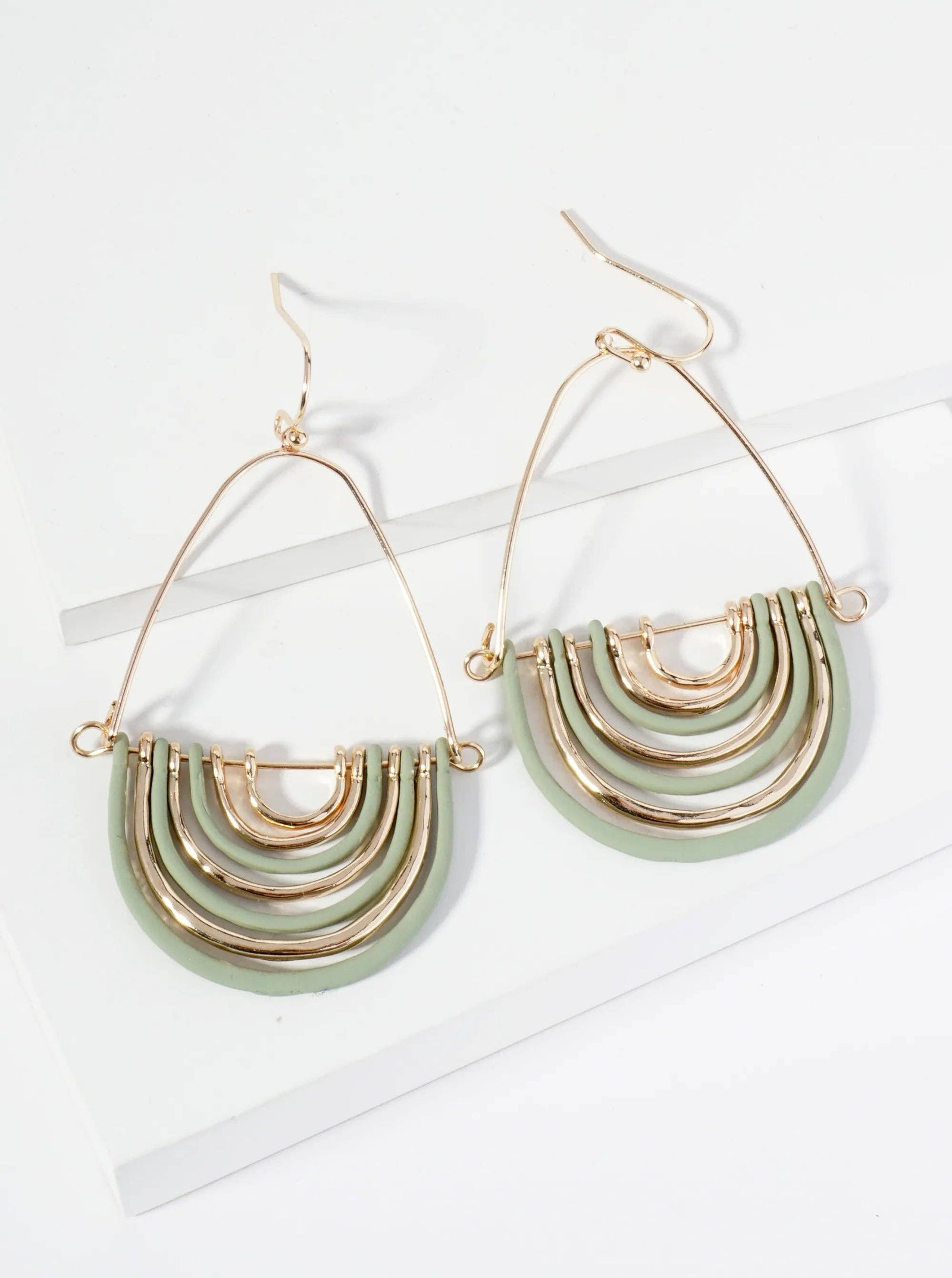 Hammered Metal Geometric Teardrop Dangle Earrings: Sage