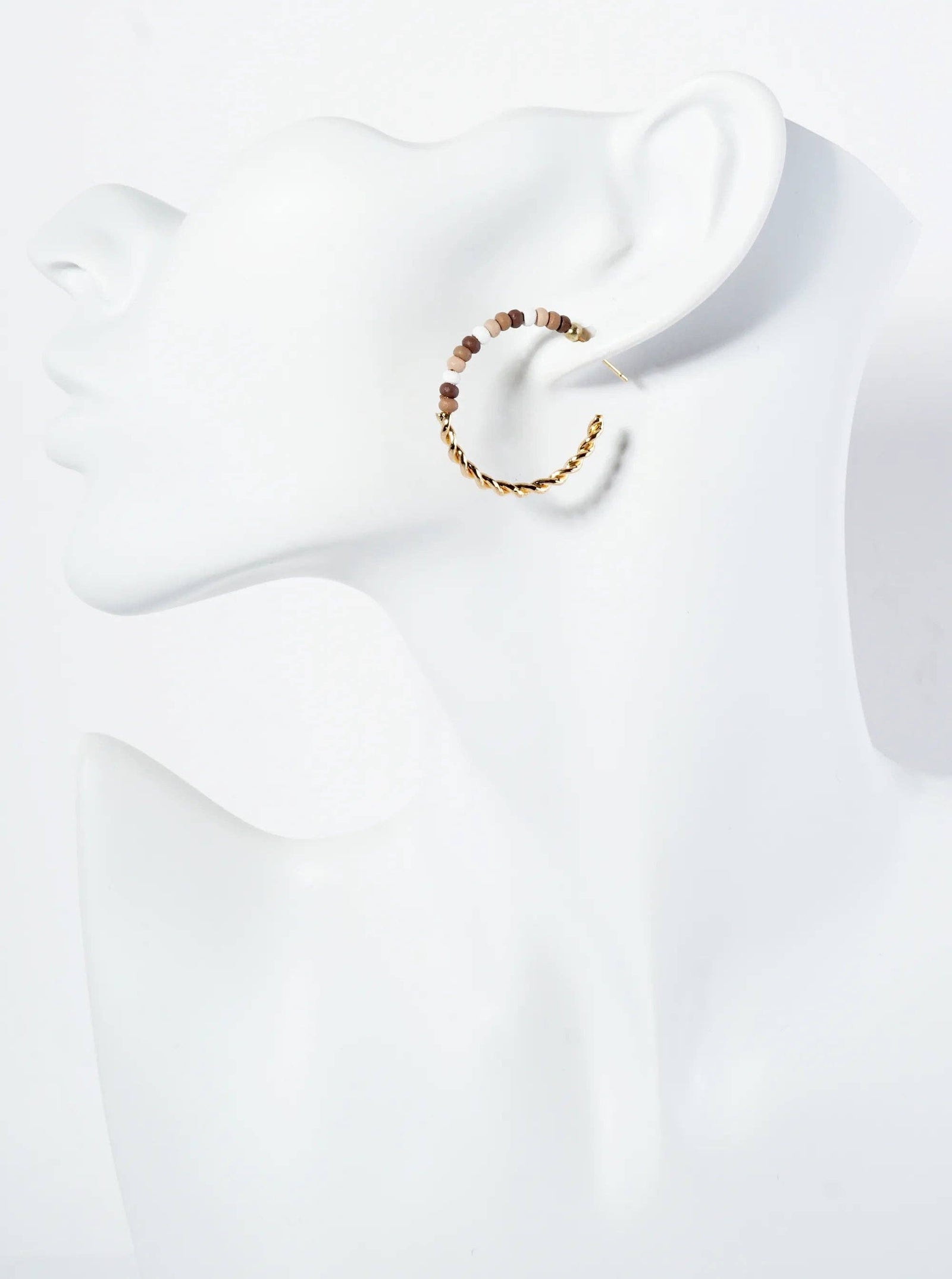 Metal and Wood Beads 30mm Lightweight Hoop Earrings: Brown Multi