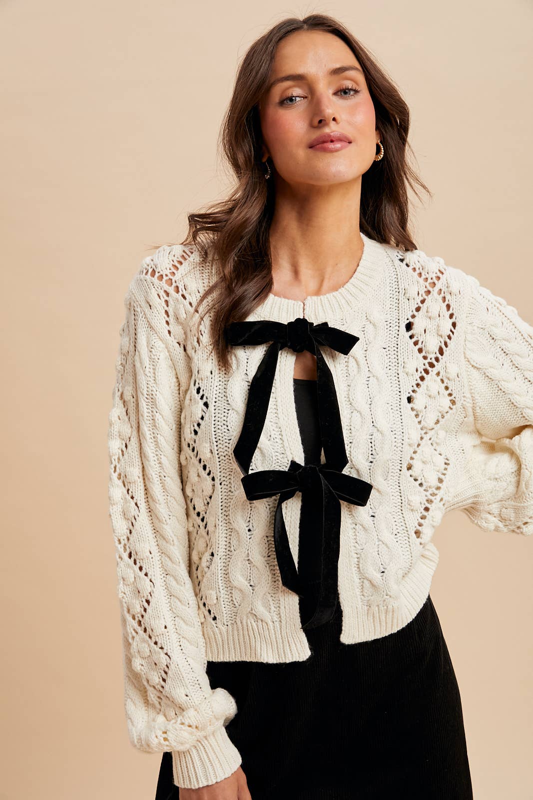 Cream Cable Knit Ribbon Tie Cardigan