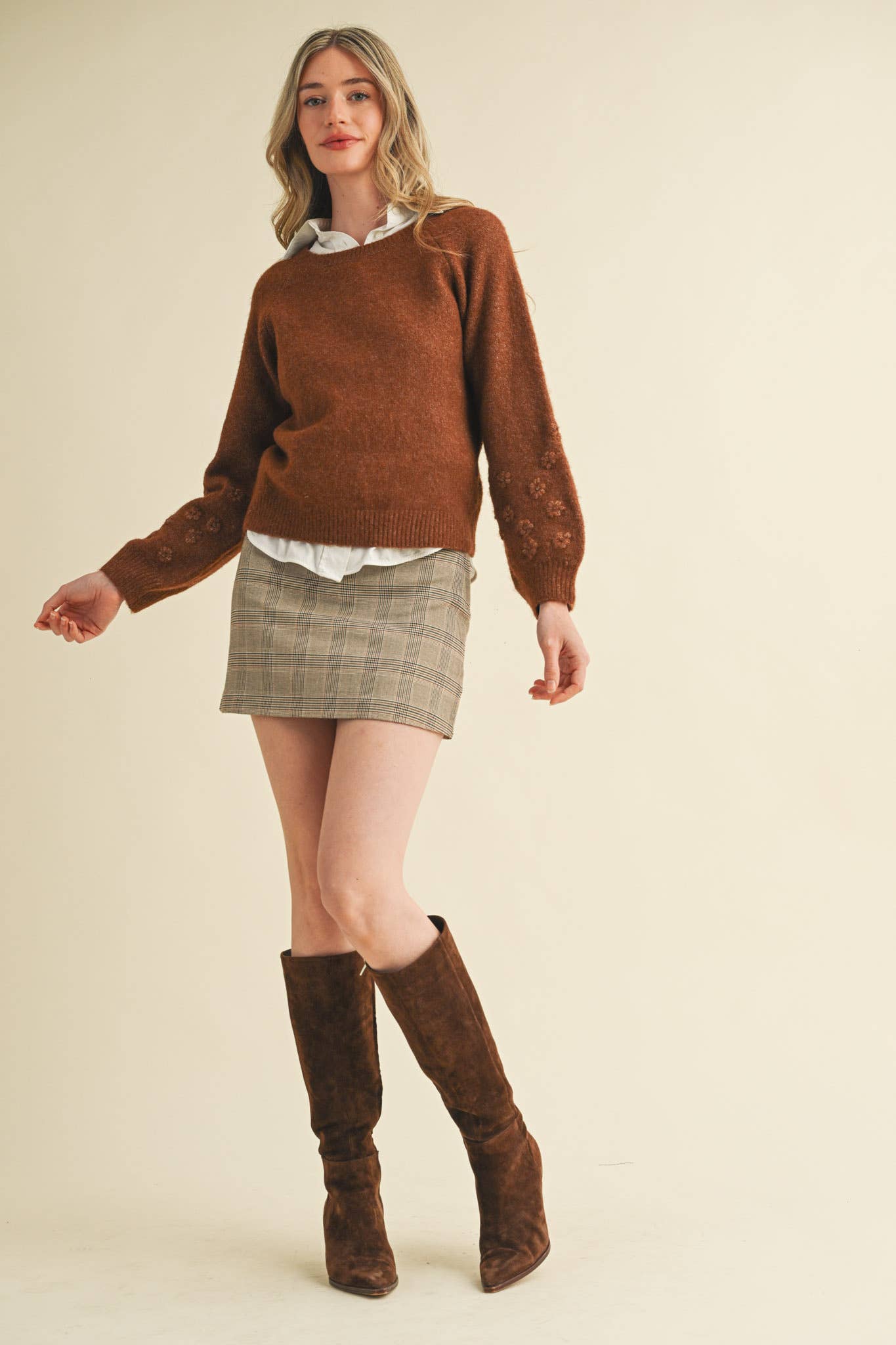 Mocha Floral Knit Puff Sleeve Sweater