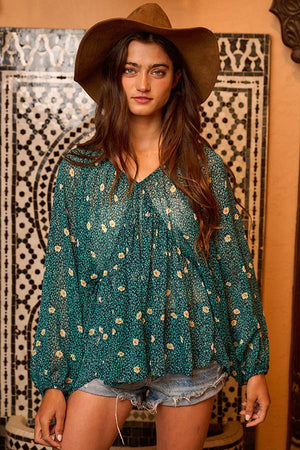Green Floral Print Lurex Chiffon Blouse Top