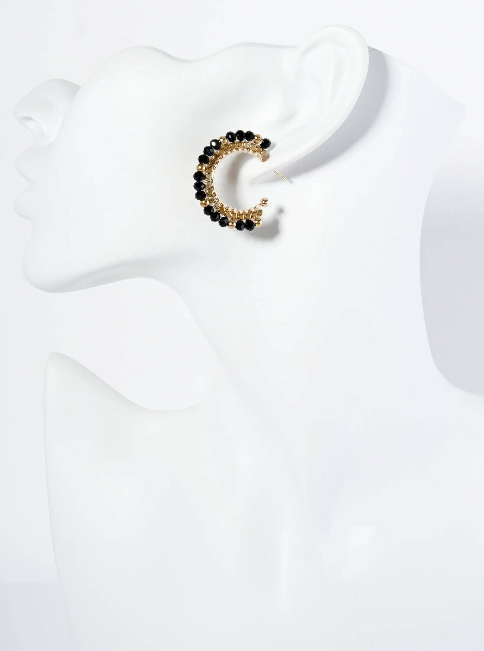 Hoop Earrings With Glass & Square Metallic Beads: Black
