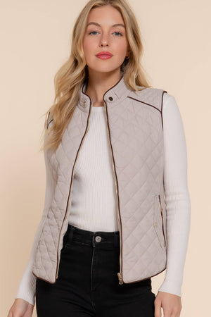 Taupe Suede Piping Detail Rib Quilted Vest