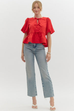 Red Peplum Bow Top