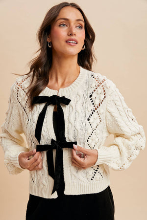 Cream Cable Knit Ribbon Tie Cardigan