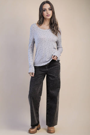 Grey Floral Printed Lettuce Hem Fitted Knit Top