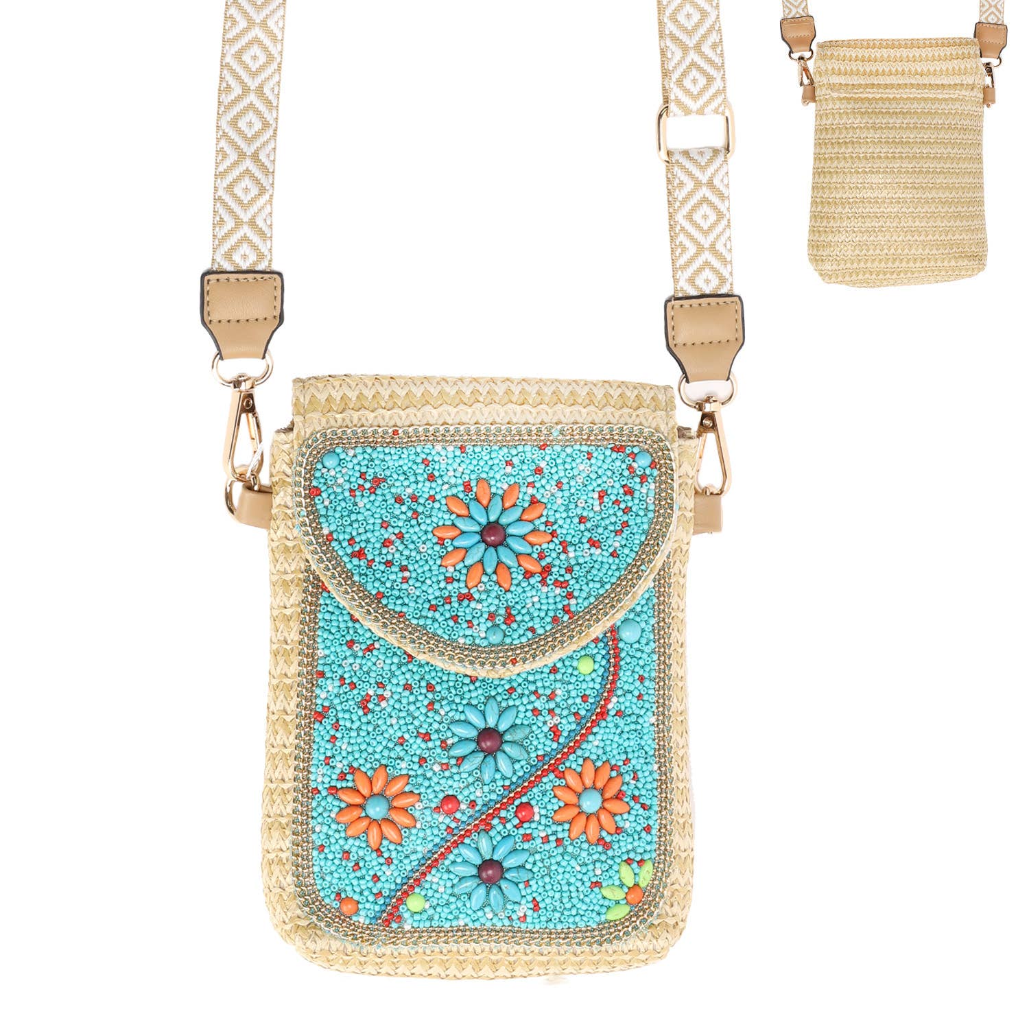 Turquoise Beaded Flower Crossbody Bag