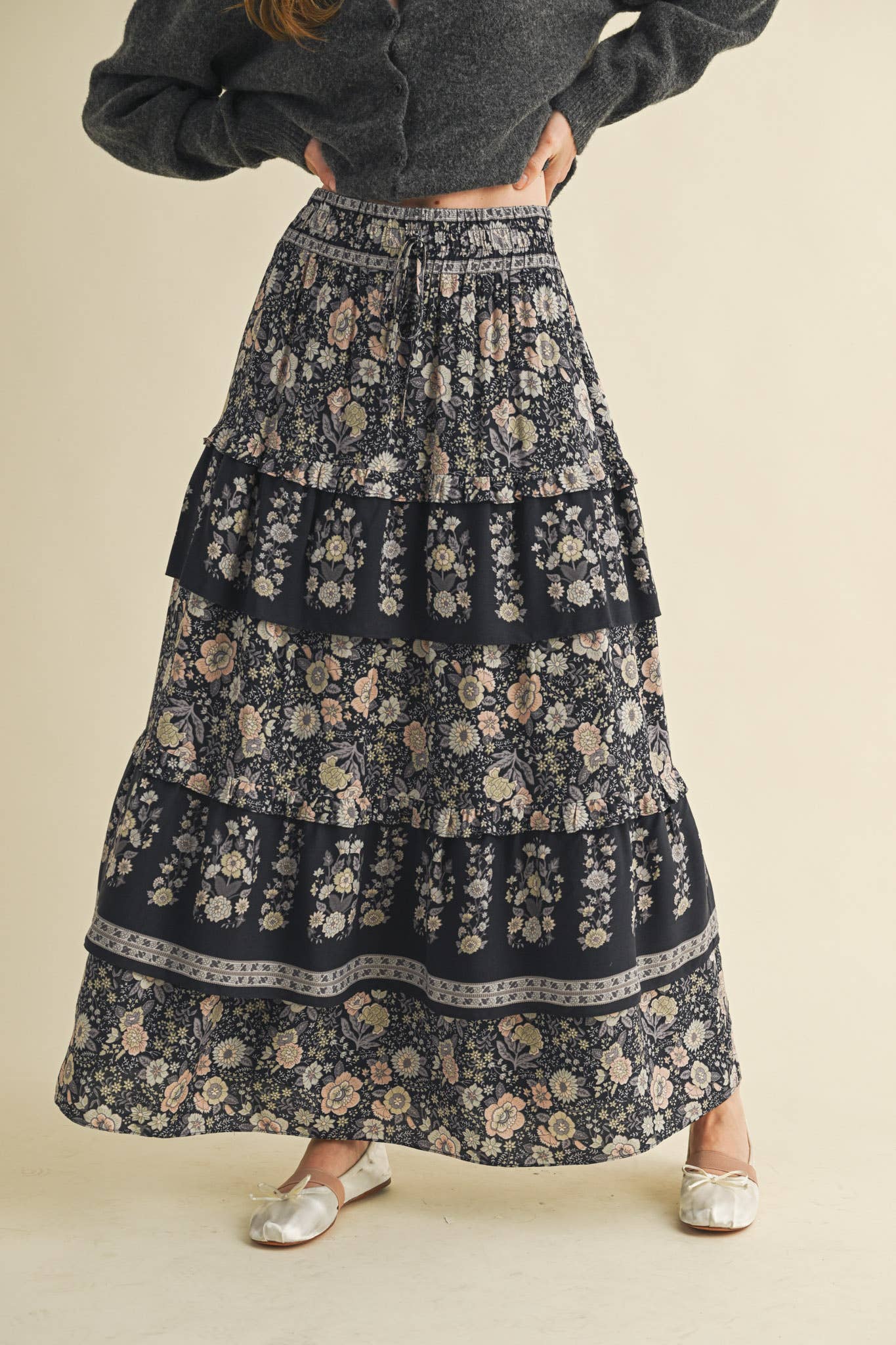 Black Tiered Floral Skirt