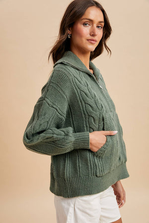 Sage Chunky Cable Knit Hal Zip Sweater