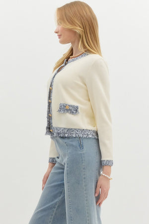 Cream & Navy Accent Gold Button Cardigan