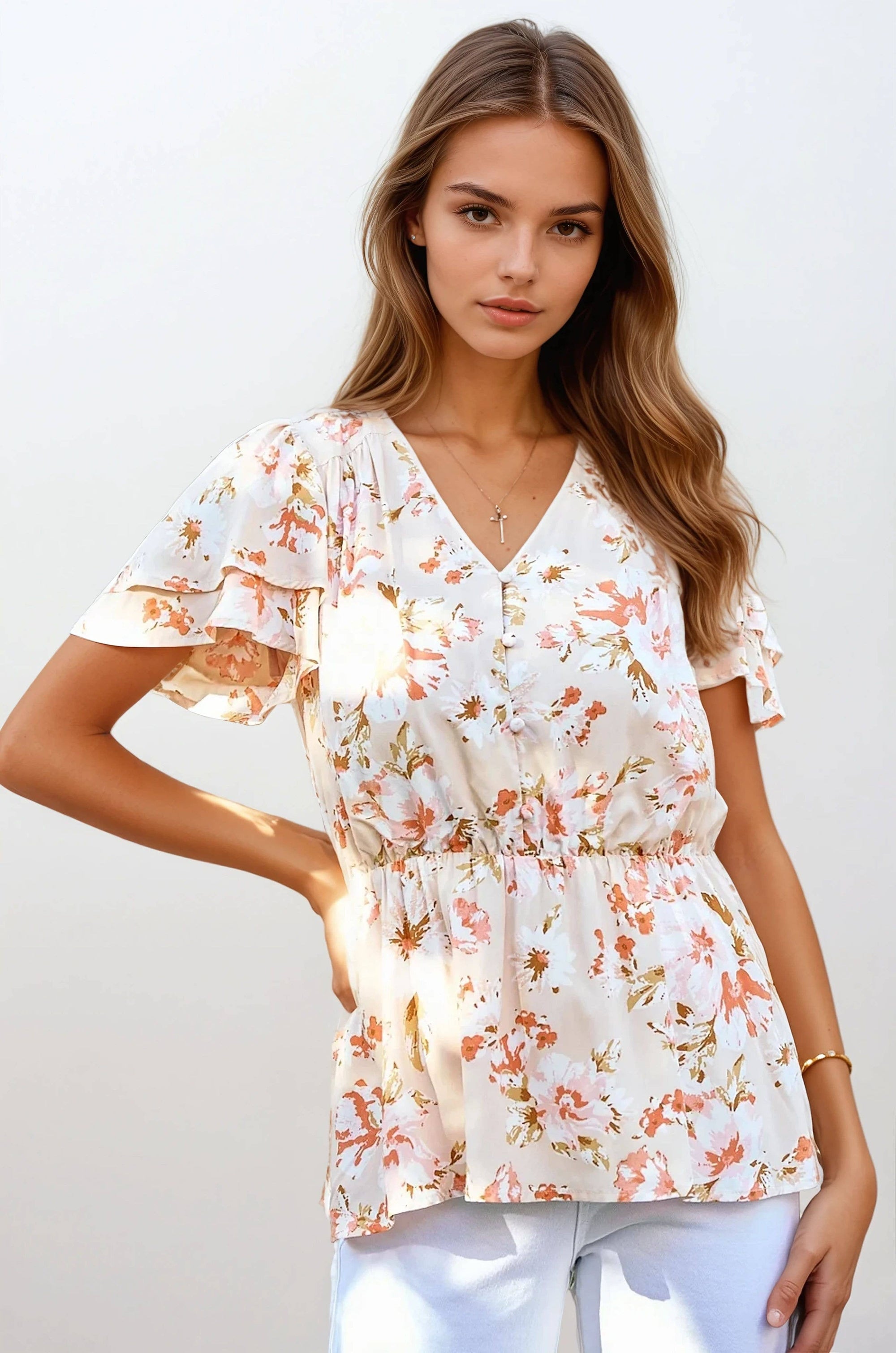 Ditsy Floral V-neck Flutter Sleeve Top