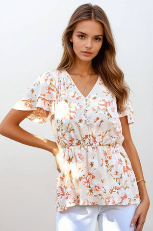 Ditsy Floral V-neck Flutter Sleeve Top