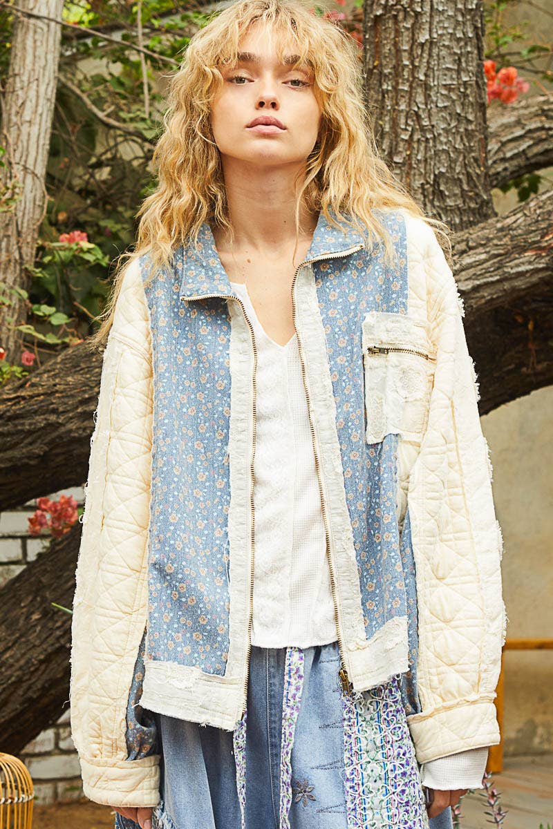 Cream Contrast Floral Quilted Jacket