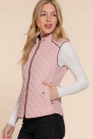 Pink Suede Piping Detail Rib Quilted Vest