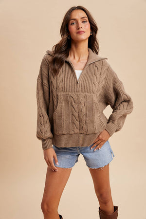 Fawn Chunky Cable Knit Hal Zip Sweater