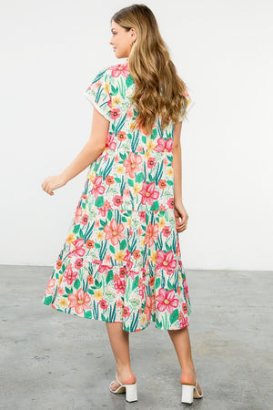 Short Sleeve Flower Print Tiered Midi Dress