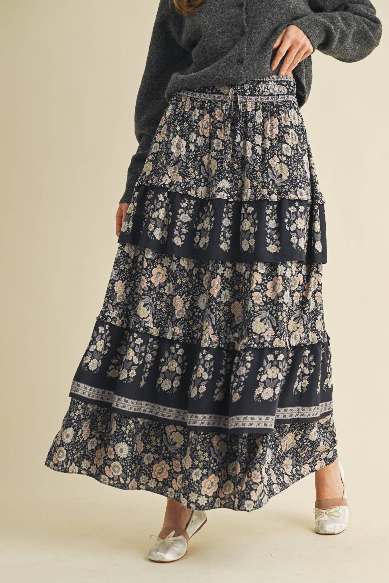Black Tiered Floral Skirt