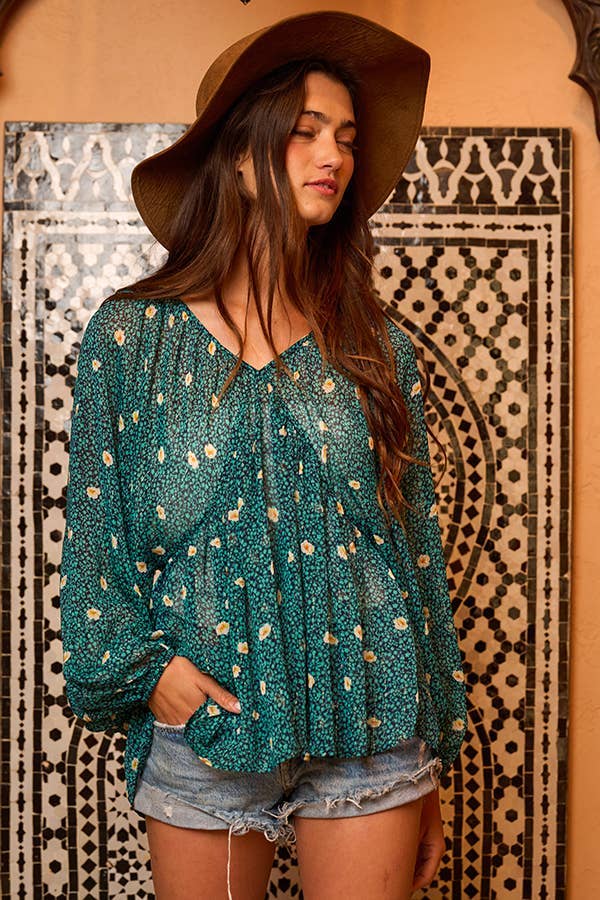 *FINAL SALE* Green Floral Print Lurex Chiffon Blouse Top