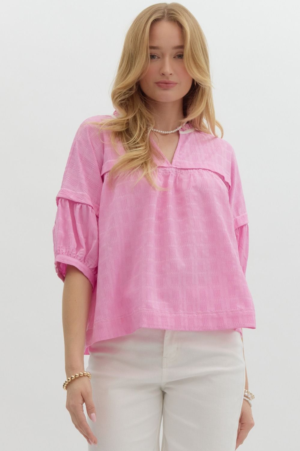 *FINAL SALE*Pink Split Neck Blouse