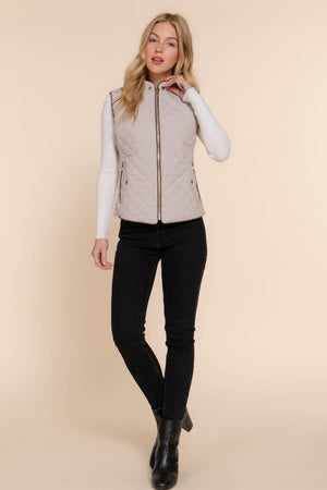 Taupe Suede Piping Detail Rib Quilted Vest