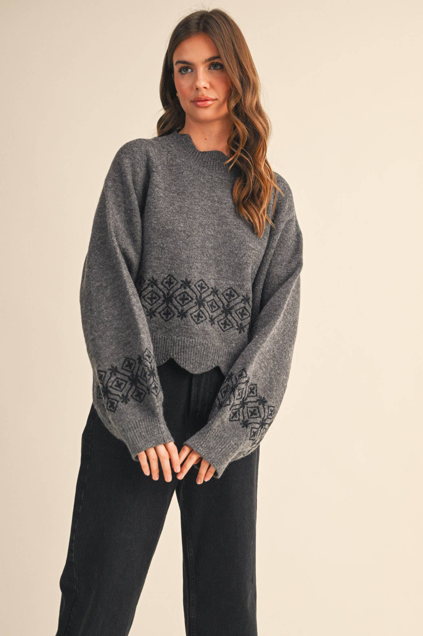 Charcoal Scallop Hem Embroidered Sweater