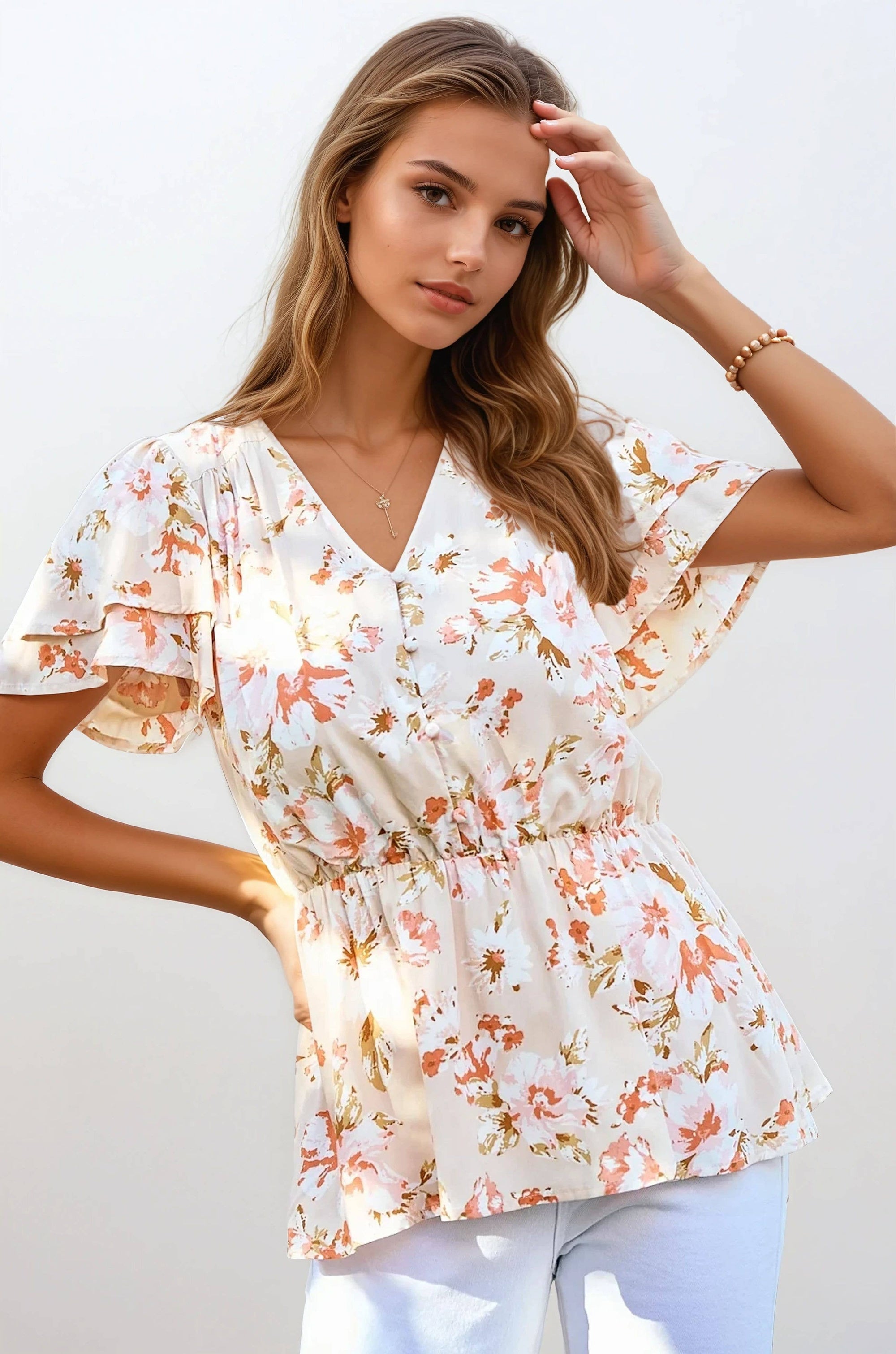 Ditsy Floral V-neck Flutter Sleeve Top
