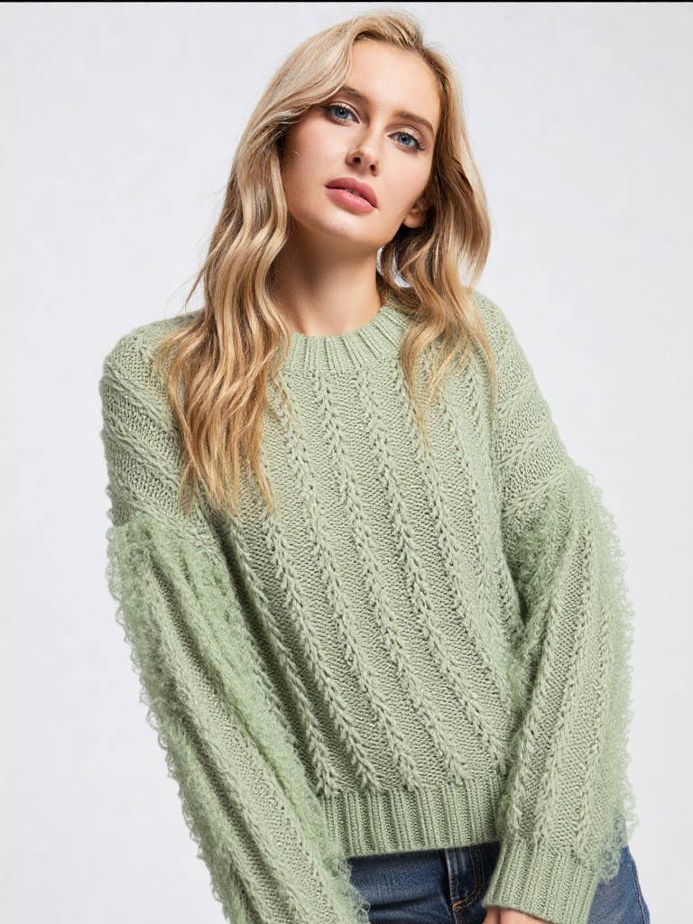 Sage Lace Trim Oversized Knit Sweater Top