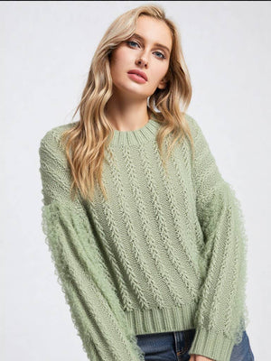 Sage Lace Trim Oversized Knit Sweater Top