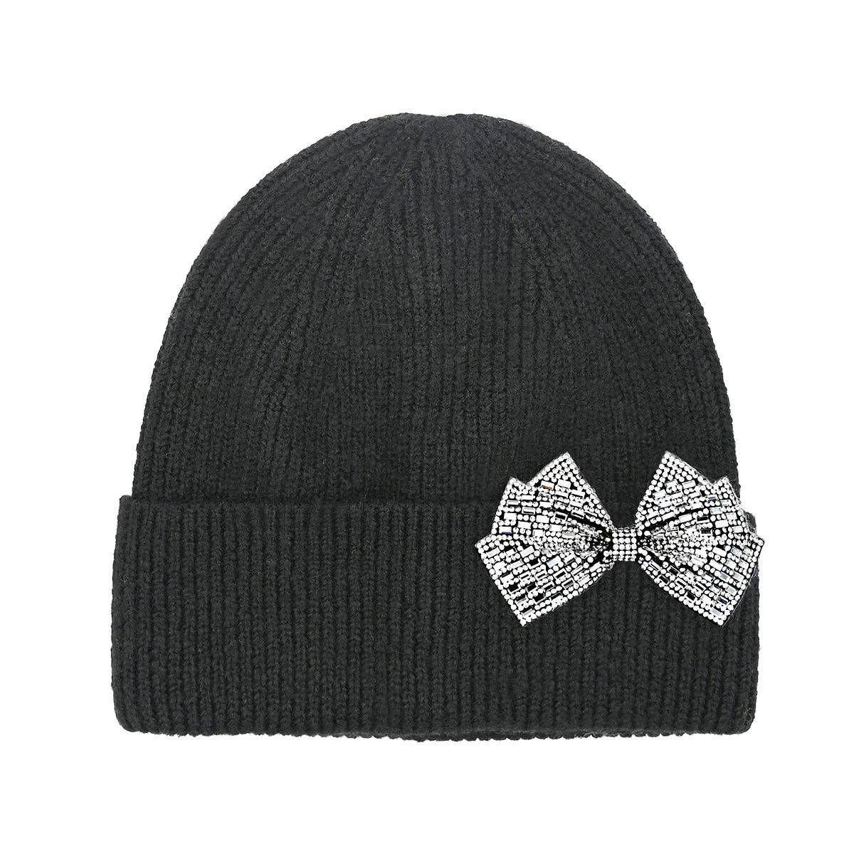 *FINAL SALE* Black Rhinestone Bow Cuff Beanie
