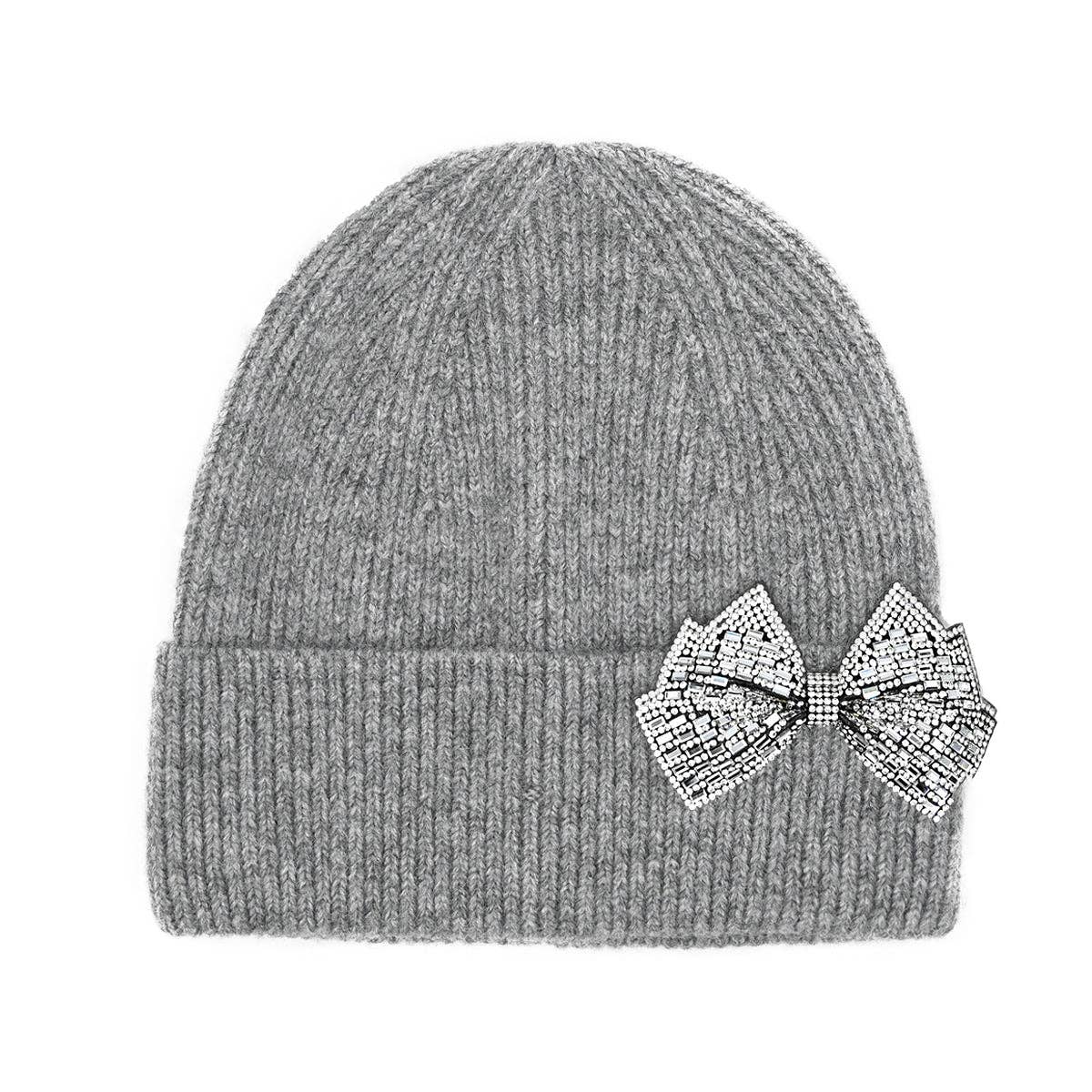 *FINAL SALE* Grey Rhinestone Bow Cuff Beanie