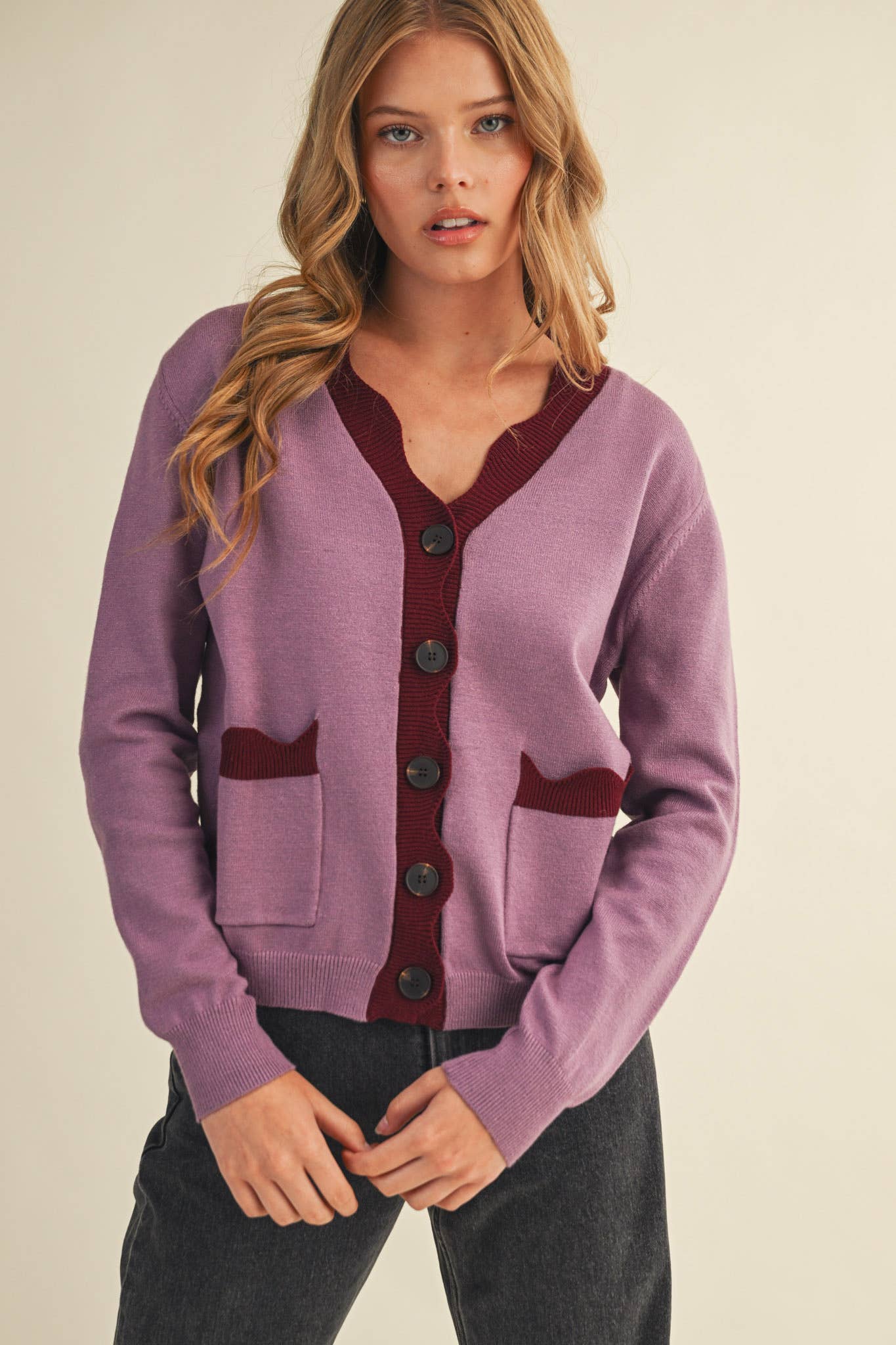 Burgundy Scalloped Cardigan