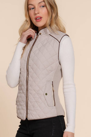 Taupe Suede Piping Detail Rib Quilted Vest