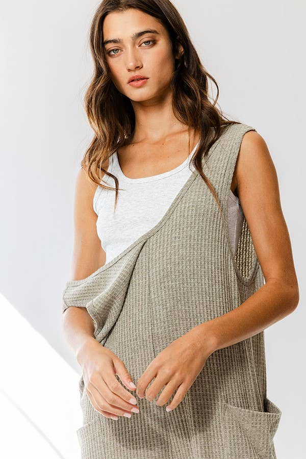 Olive Tank Textured Knit Jumpsuit With Pockets