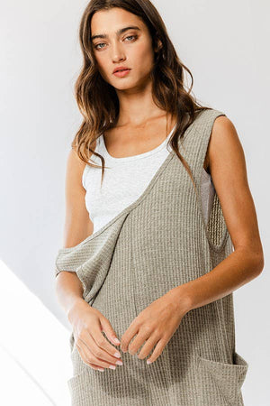 Olive Tank Textured Knit Jumpsuit With Pockets