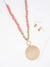 Hammered Circle Pendant Wood Beaded Chain Long Necklace Set With Earrings: Brown Multi