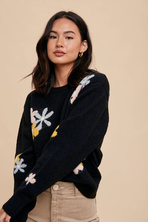 Black Floral Crew Neck Sweater
