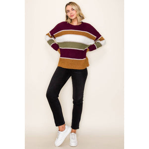 Wine & Camel Striped Sweater