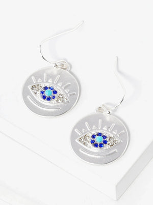 Evil Eye Disc Drop Dangle Earrings: Matte Silver
