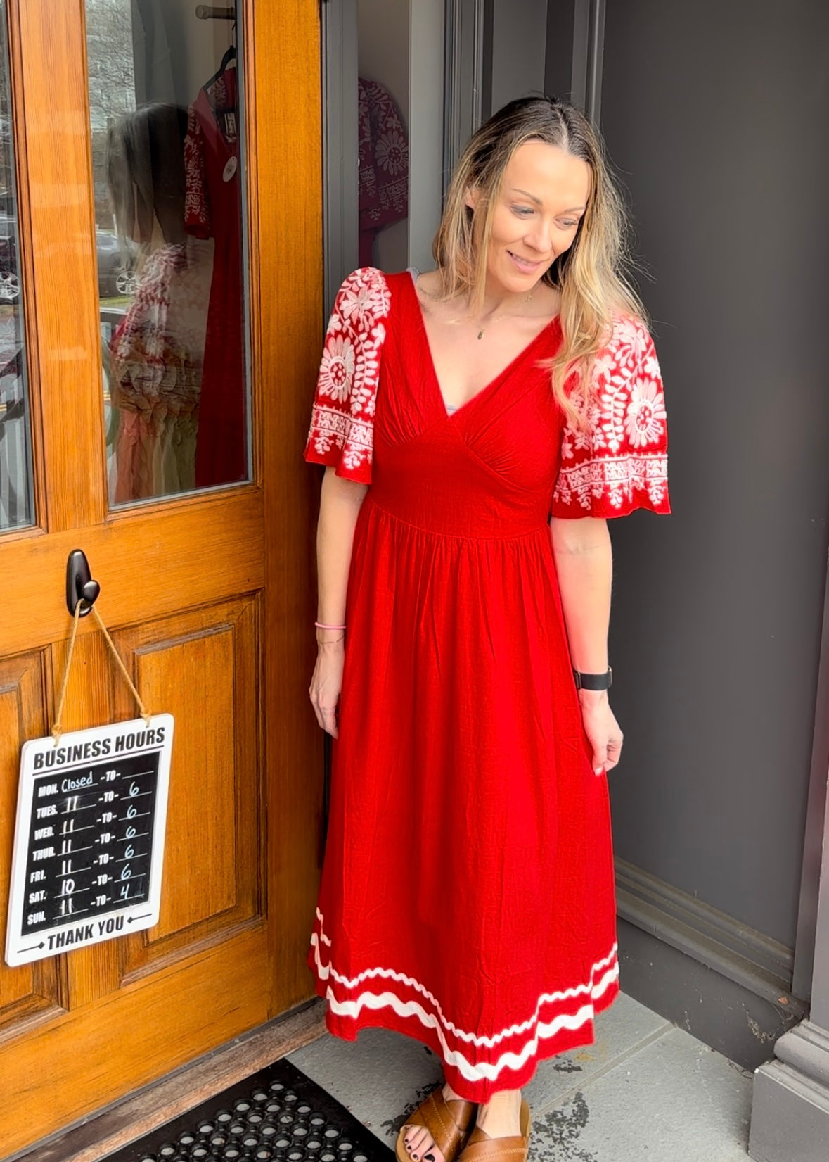 Red Embroidered Sleeve Midi Dress