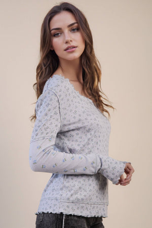 Grey Floral Printed Lettuce Hem Fitted Knit Top