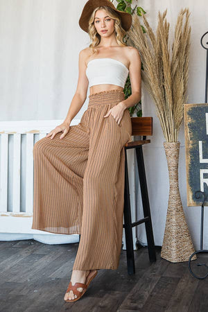 Camel Smocked Waist Band Wide Leg Maxi Pants