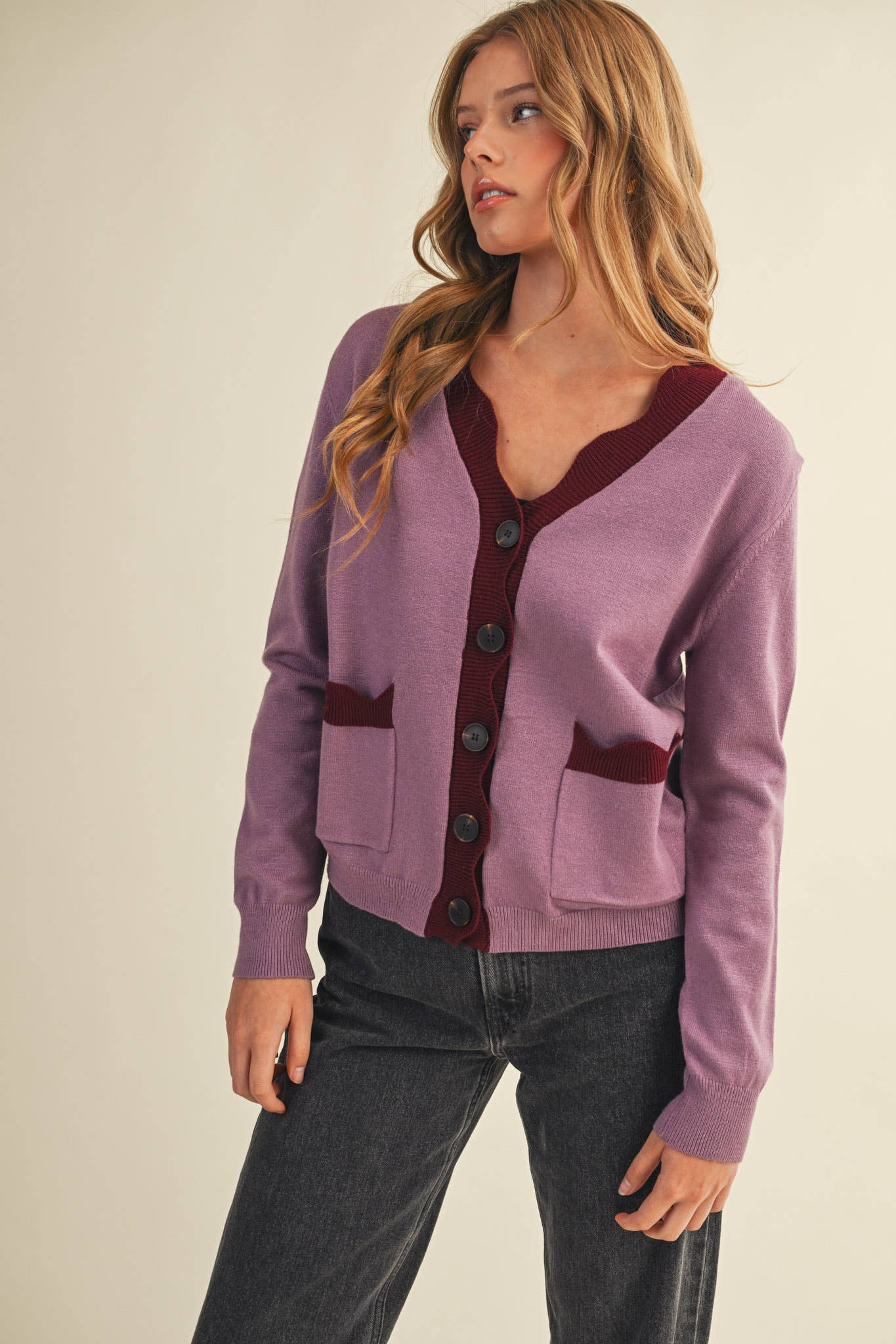 Burgundy Scalloped Cardigan