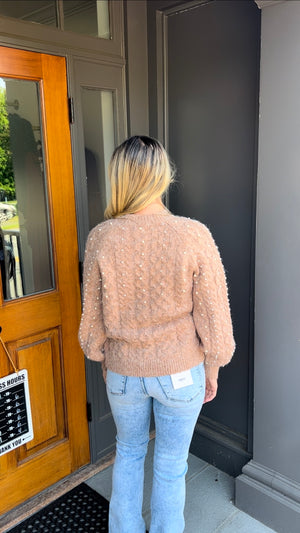 *FINAL SALE* Taupe Pearl Detail Cableknit Sweater
