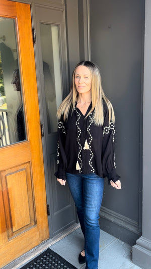 *FINAL SALE* Black Long Sleeve Embroidered Top