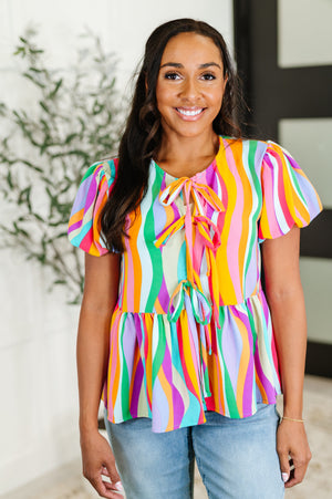 Chromatide Puff Sleeve Blouse in Mint/Orange