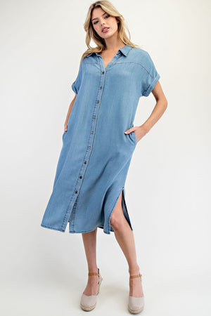 Denim Short Sleeve Button Down Duster