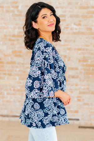 Dreamer Peplum Top in Navy and Pink Paisley