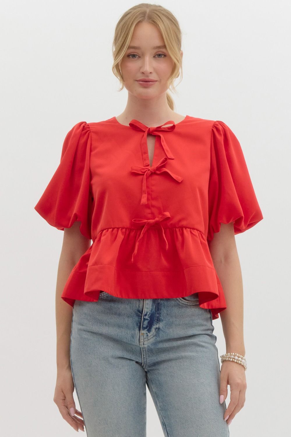 *FINAL SALE*Red Peplum Bow Top
